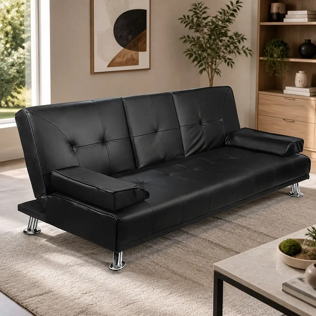 3 Seater Sofa Bed Convertible Lounge Recliner Cup Holder Black Faux Leather