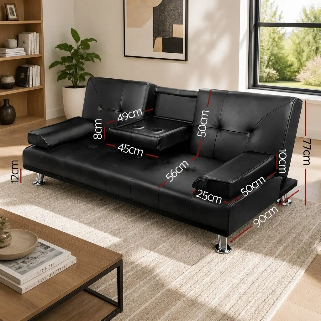 3 Seater Sofa Bed Convertible Lounge Recliner Cup Holder Black Faux Leather