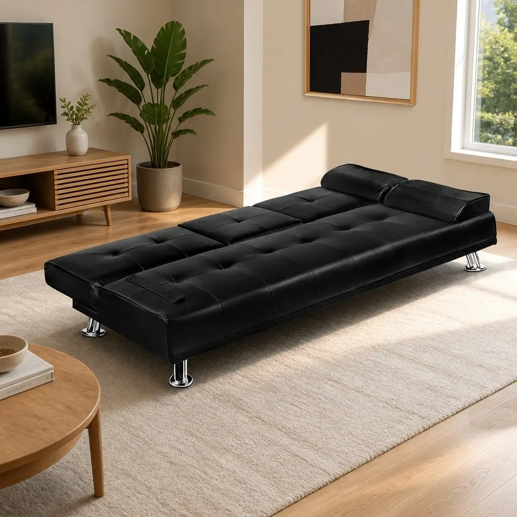 3 Seater Sofa Bed Convertible Lounge Recliner Cup Holder Black Faux Leather