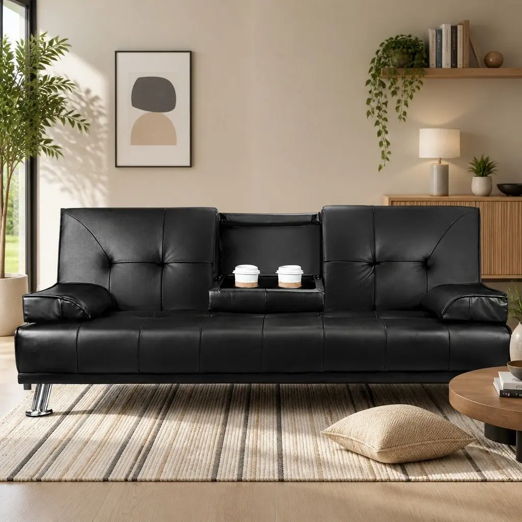 3 Seater Sofa Bed Convertible Lounge Recliner Cup Holder Black Faux Leather
