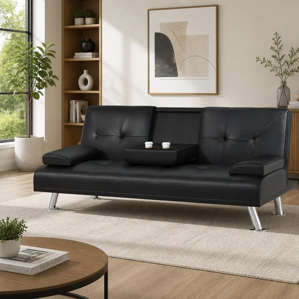 3 Seater Sofa Bed Convertible Lounge Recliner Cup Holder Black Faux Leather