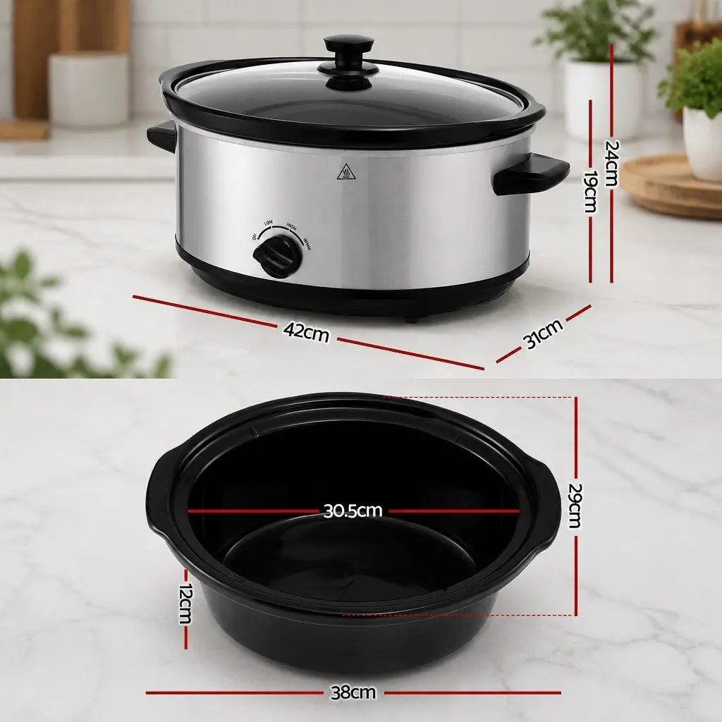 6.5L Slow Cooker Electric Multi Cooker 3 Heat Settings Keep Warm Silver Kitchen