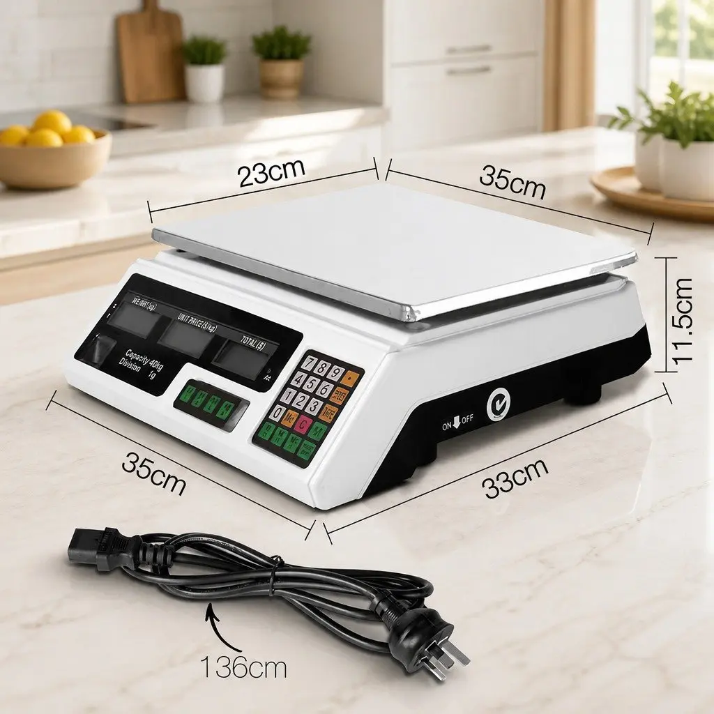 Digital Kitchen Scales 40kg Platform Weighing Scale White LCD Display Tray