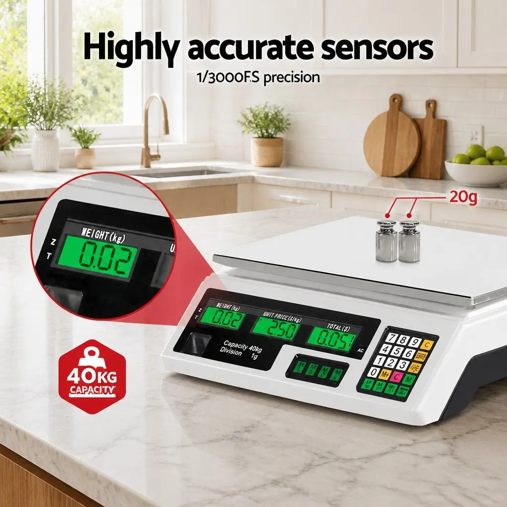 Digital Kitchen Scales 40kg Platform Weighing Scale White LCD Display Tray
