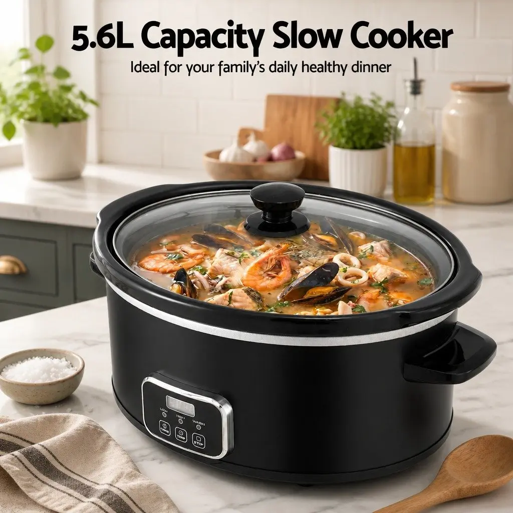 5.6L Electric Slow Cooker Multi Cooker Black 3 Heat Settings Keep Warm Function