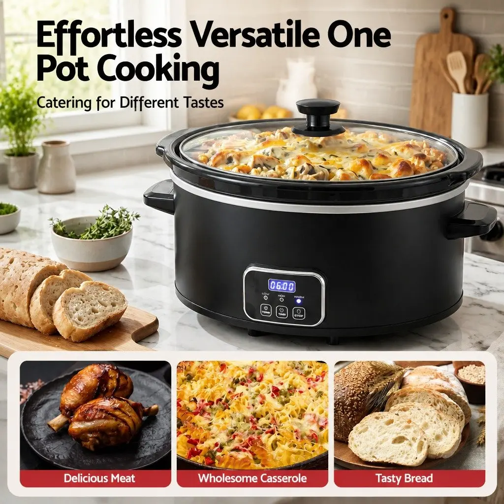 5.6L Electric Slow Cooker Multi Cooker Black 3 Heat Settings Keep Warm Function