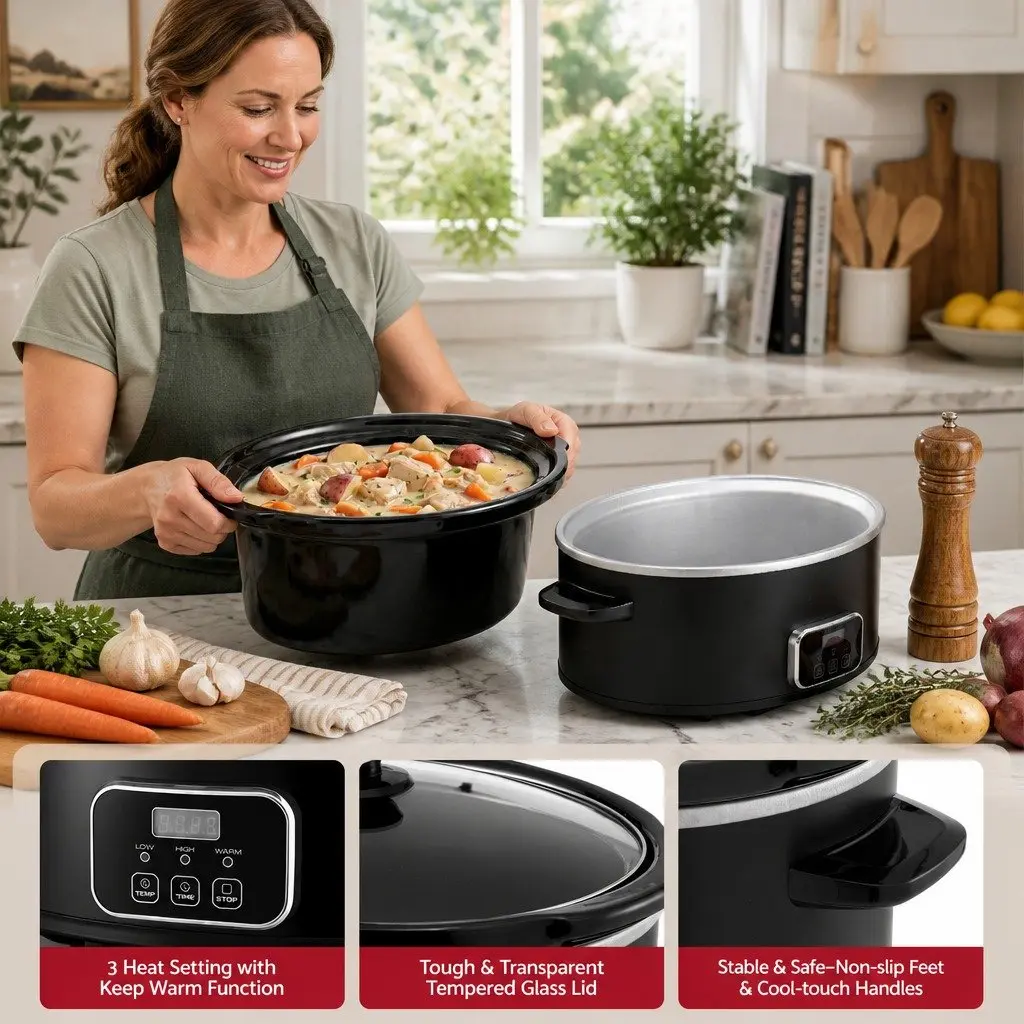 5.6L Electric Slow Cooker Multi Cooker Black 3 Heat Settings Keep Warm Function