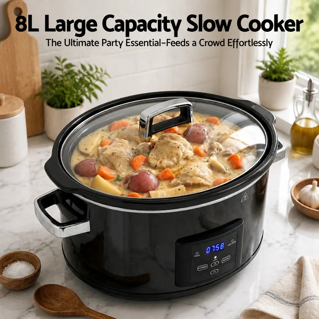 Electric Slow Cooker for Kitchen 8L with Digital Controls and 3 Heat Settings
