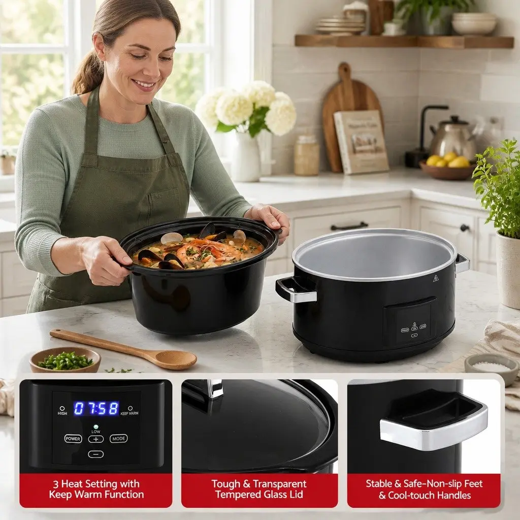 Electric Slow Cooker for Kitchen 8L with Digital Controls and 3 Heat Settings