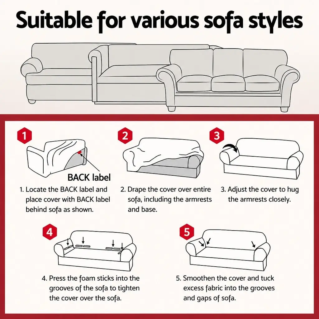 Sofa Cover for 3 Seater Couch Black High Stretch Furniture Protector