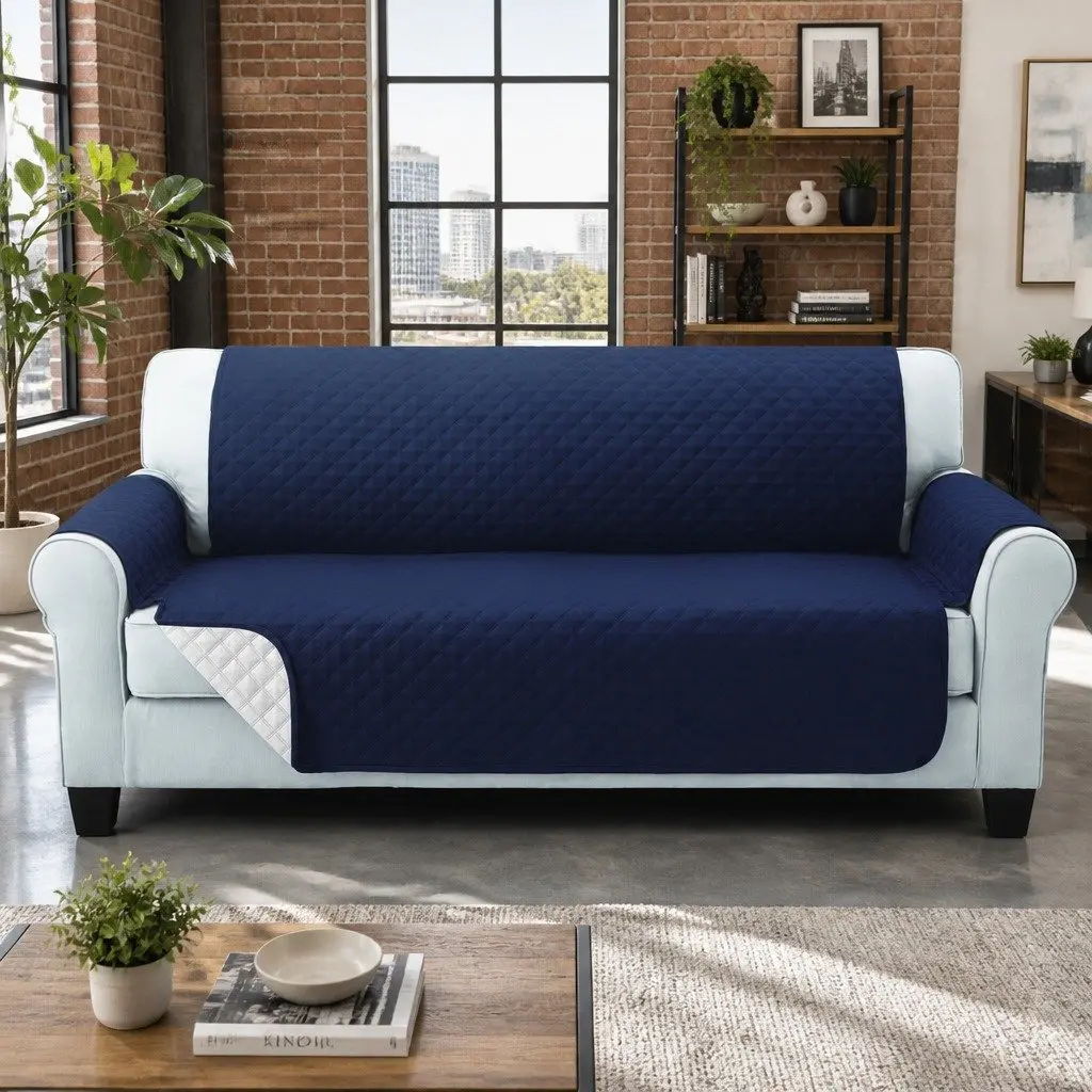 3 Seater Sofa Cover Quilted Microfibre Couch Protector Navy Anti-Slip Machine