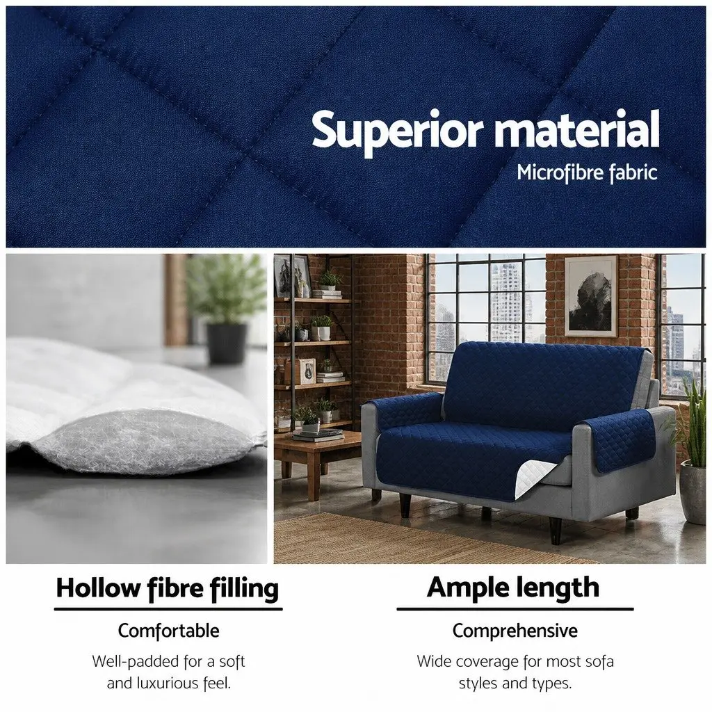 3 Seater Sofa Cover Quilted Microfibre Couch Protector Navy Anti-Slip Machine