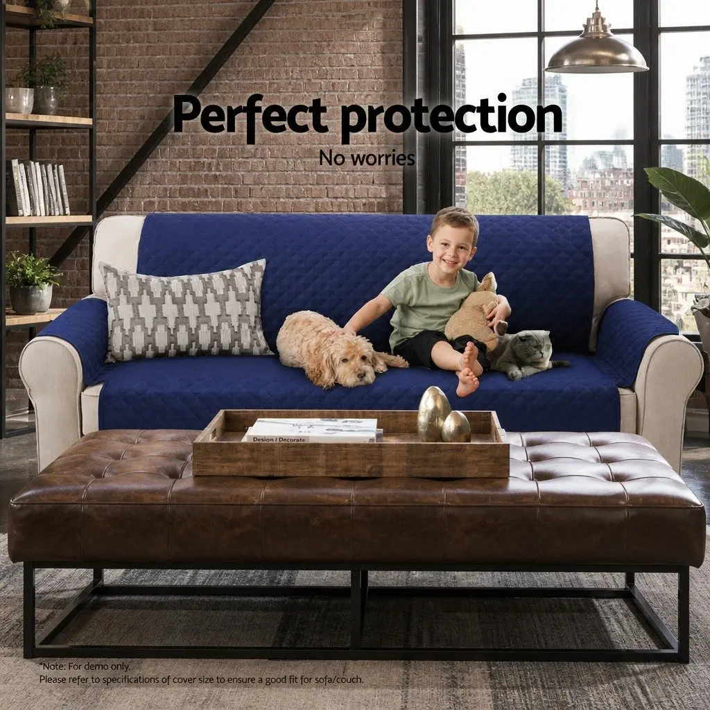 3 Seater Sofa Cover Quilted Microfibre Couch Protector Navy Anti-Slip Machine