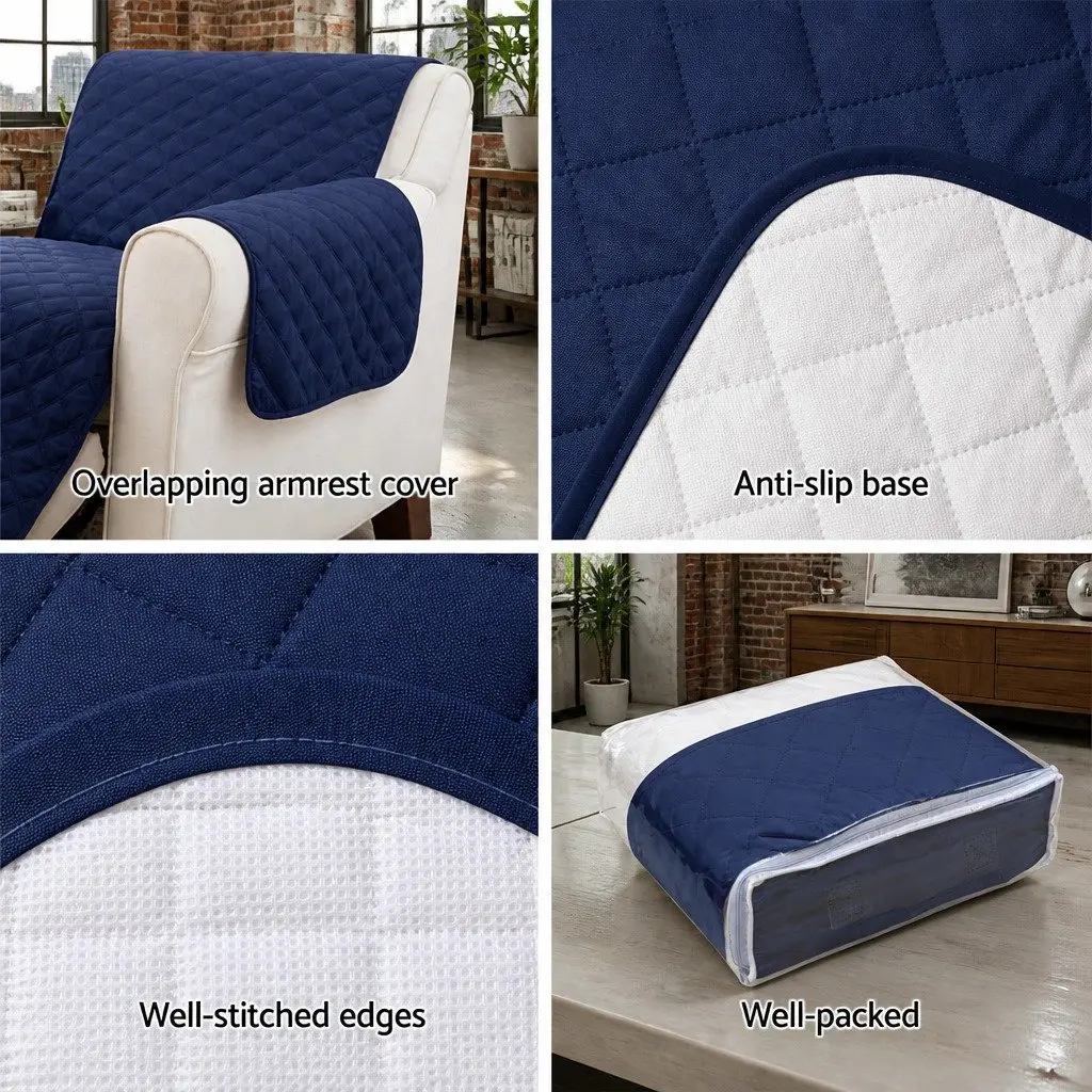 3 Seater Sofa Cover Quilted Microfibre Couch Protector Navy Anti-Slip Machine