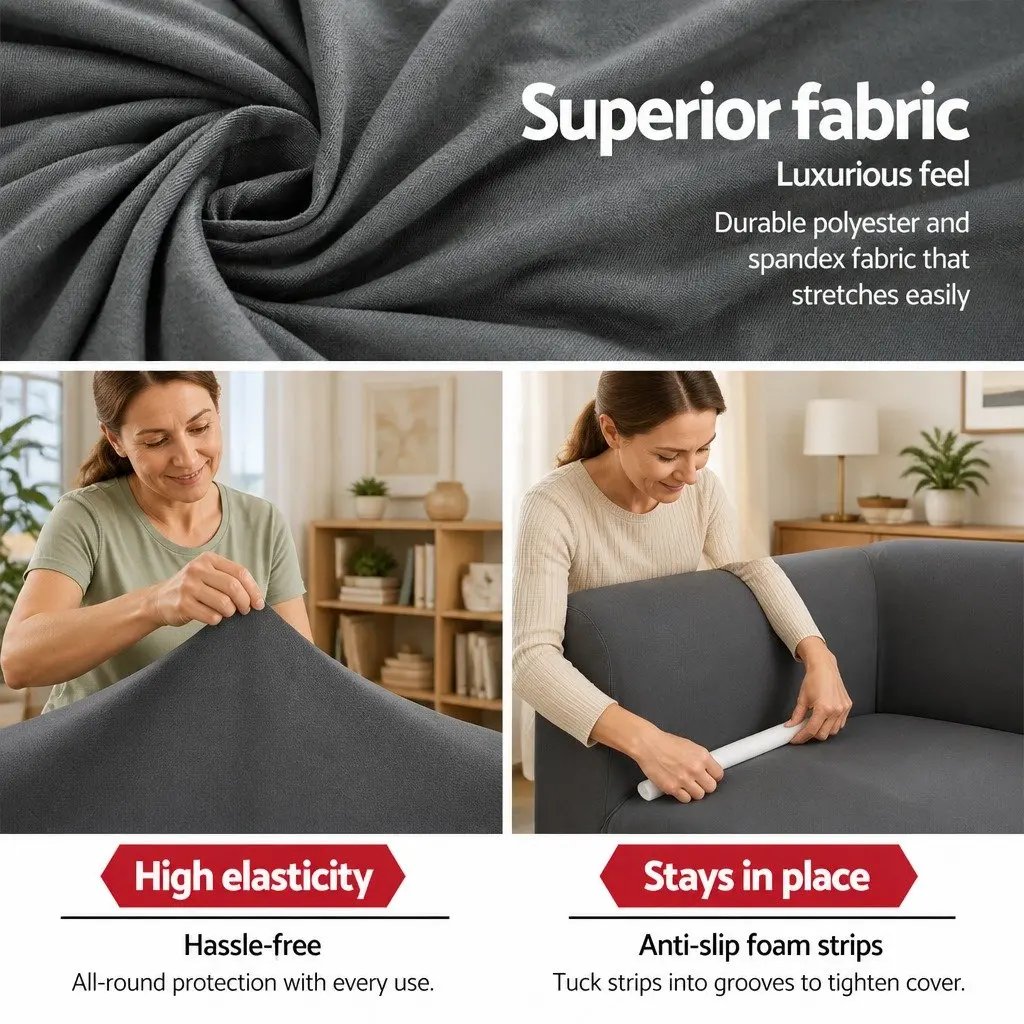 2 Seater Sofa Cover Stretch Grey Knitted Fabric with Anti Slip Foam Machine Washable