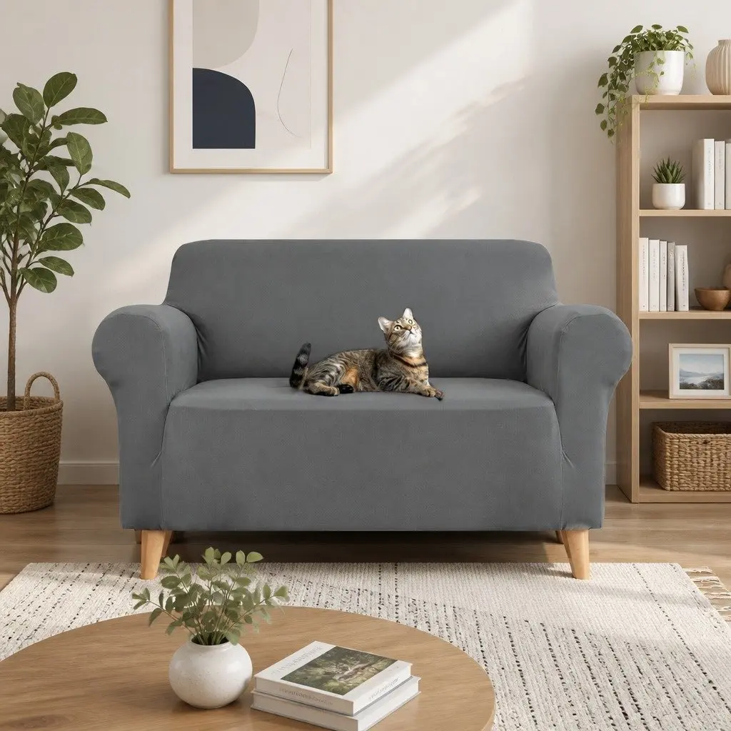 2 Seater Sofa Cover Stretch Grey Knitted Fabric with Anti Slip Foam Machine Washable