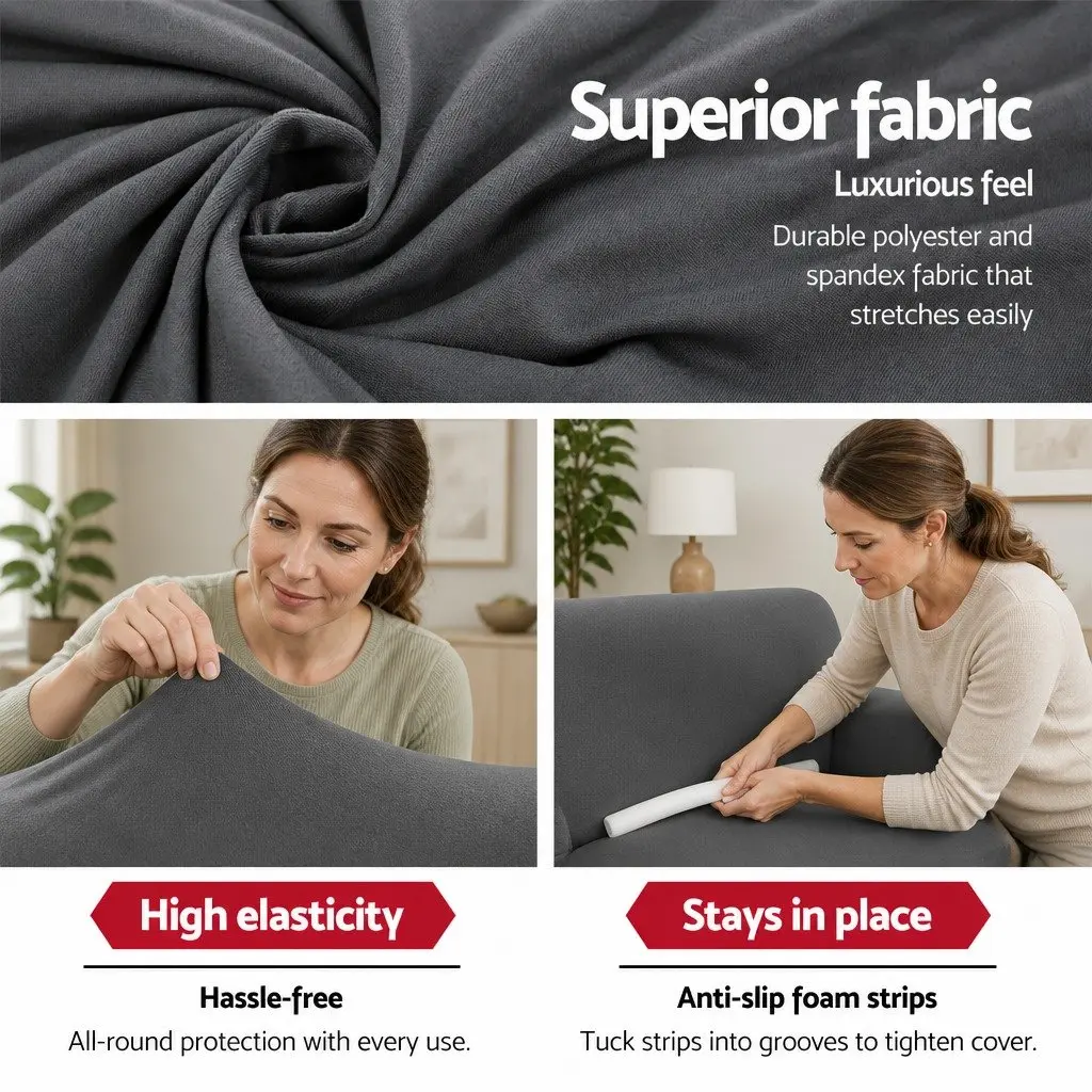3 Seater Sofa Cover Grey Stretch Knitted Fabric Couch Slipcover