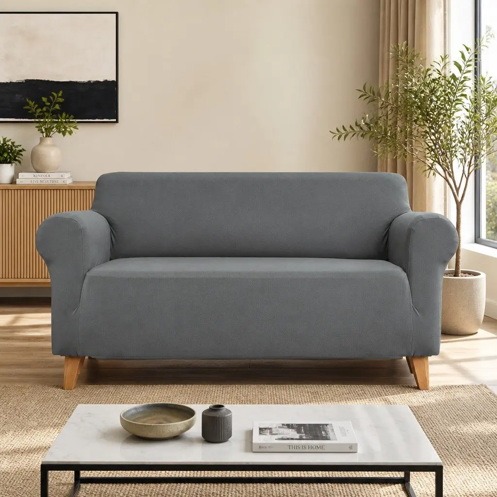 3 Seater Sofa Cover Grey Stretch Knitted Fabric Couch Slipcover