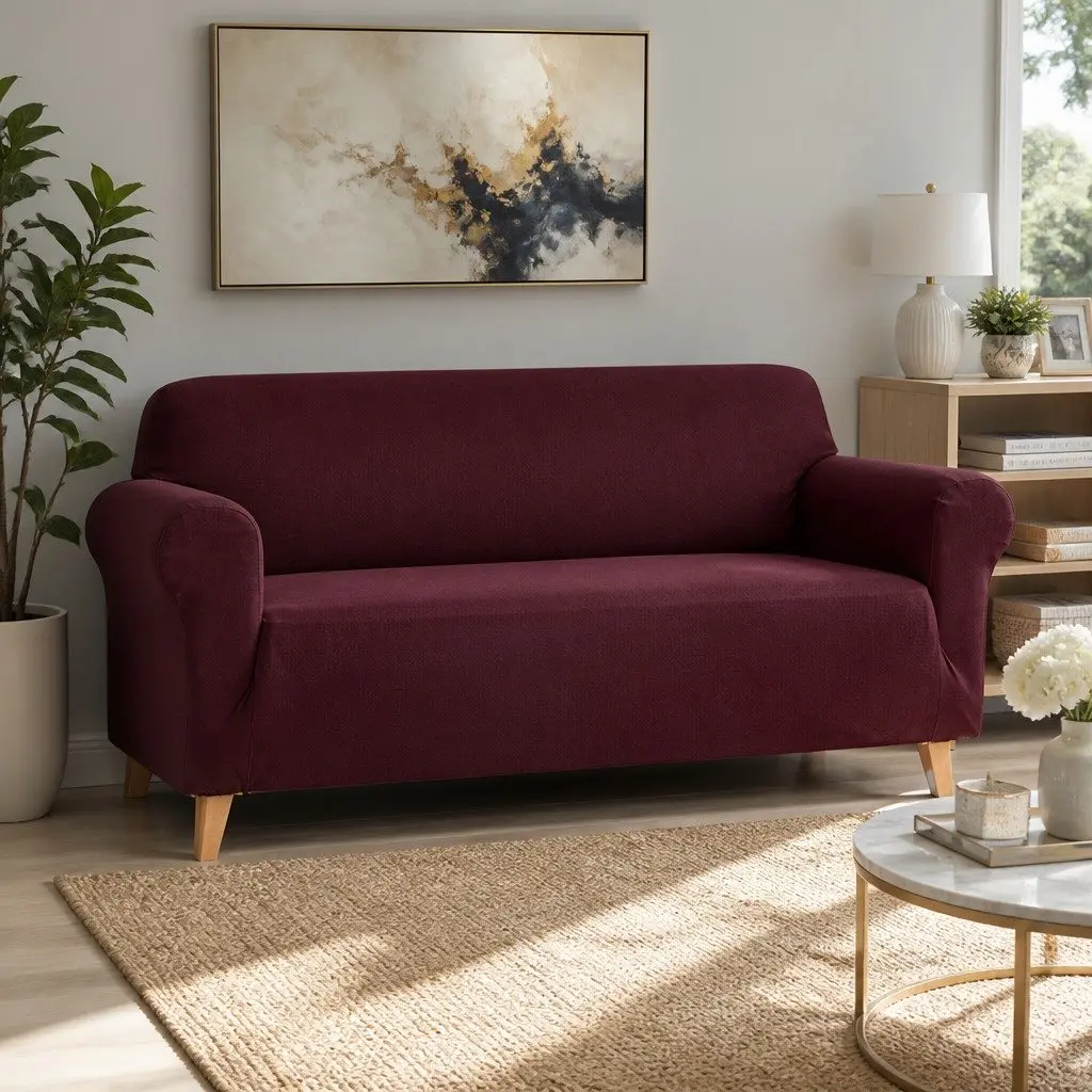 Sofa Cover 3 Seater Use Burgundy Stretch Knitted Fabric