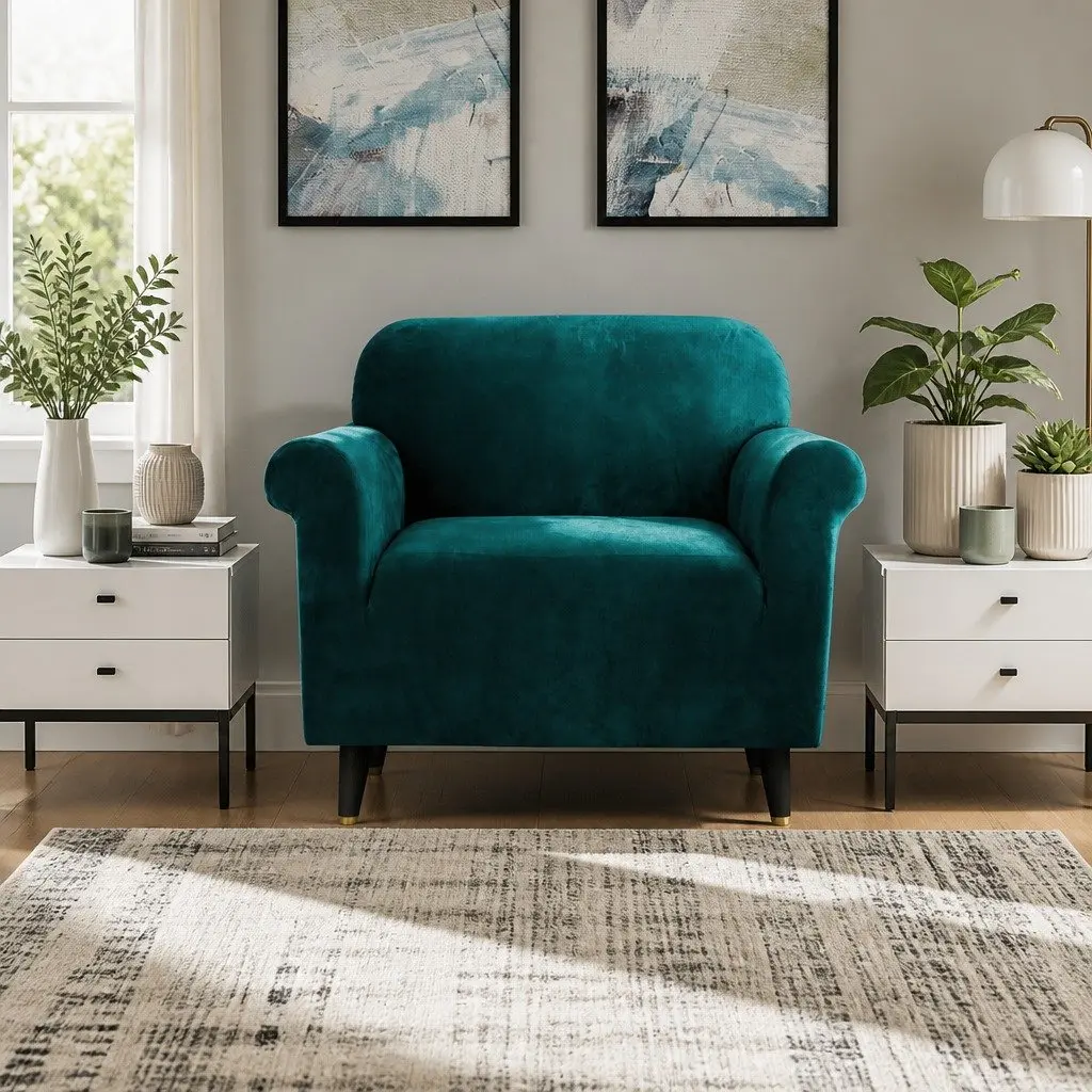 1 Seater Sofa Cover Velvet Stretch Couch Slipcover Agate Green