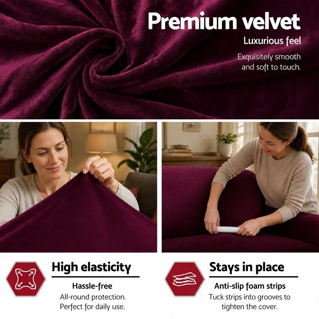 1 Seater Sofa Cover Velvet Arm Chair Couch Protector Ruby Red