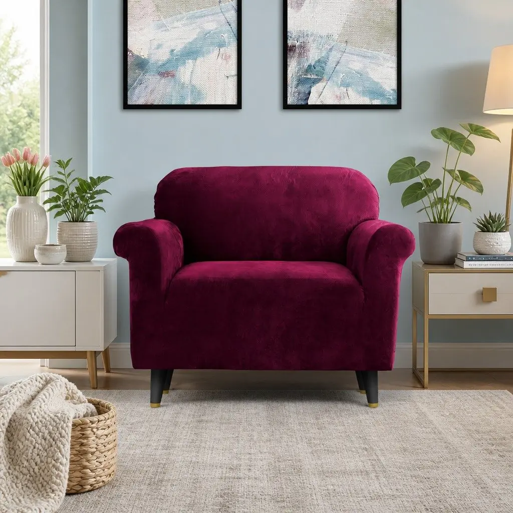 1 Seater Sofa Cover Velvet Arm Chair Couch Protector Ruby Red