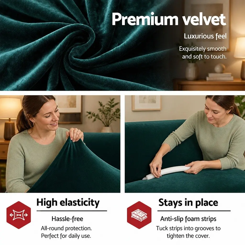 Sofa Cover 2 Seater Use Velvet Green Stretch Elastic Anti-Slip Washable
