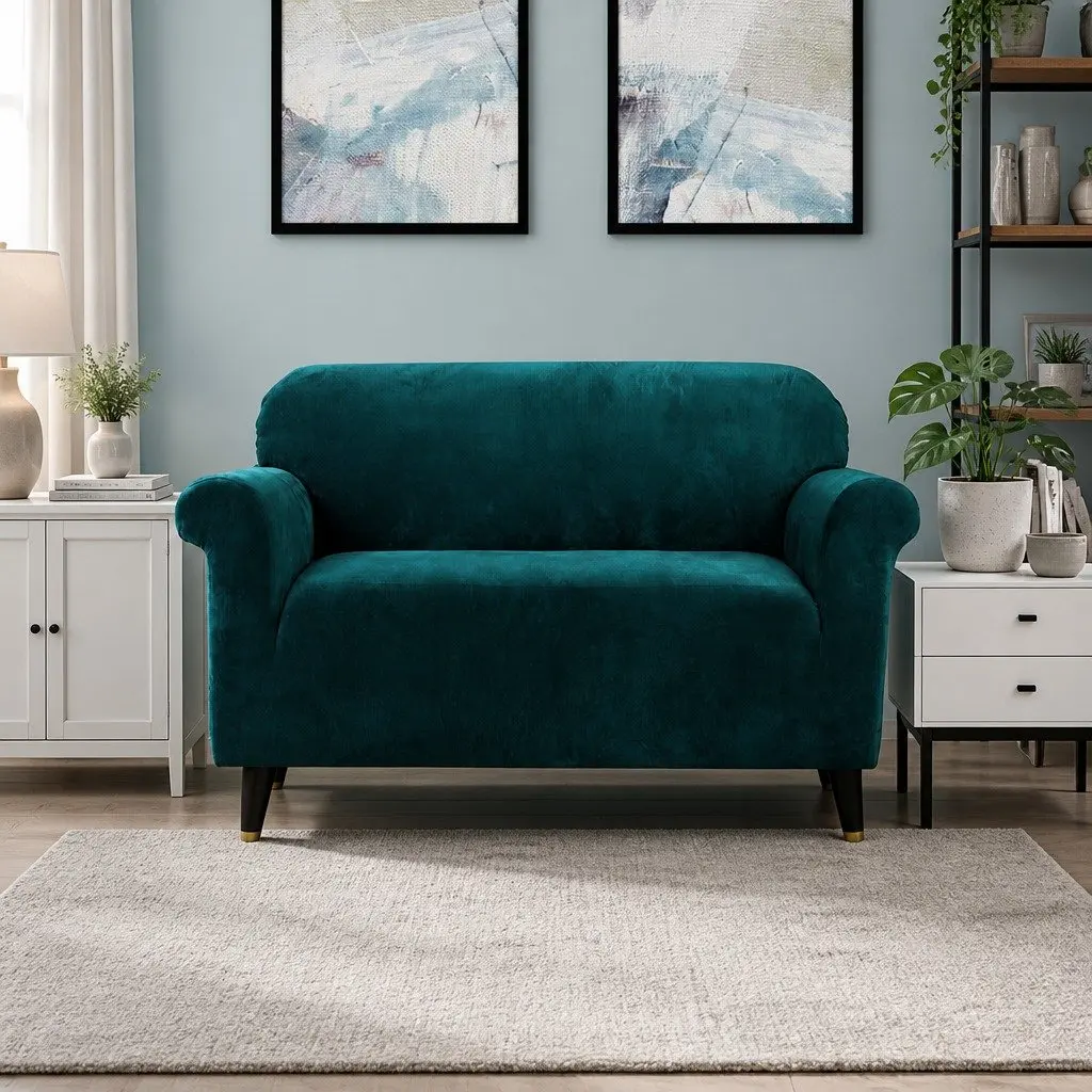 Sofa Cover 2 Seater Use Velvet Green Stretch Elastic Anti-Slip Washable