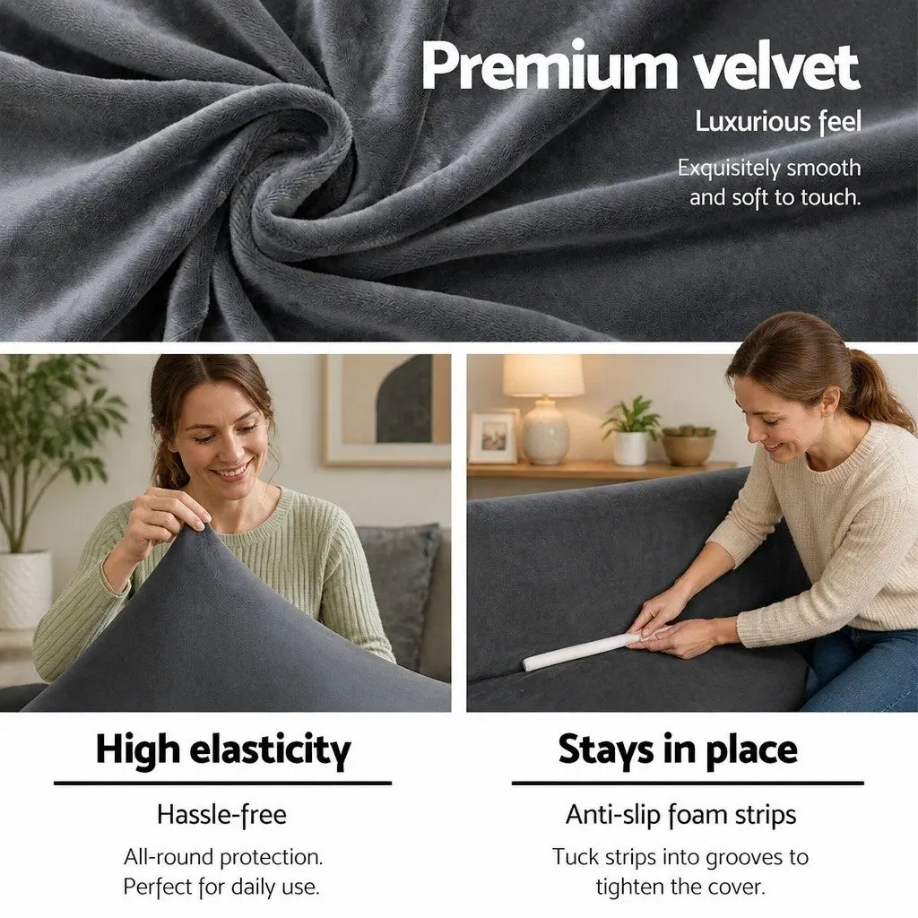 Sofa Cover 2 Seater Living Room Velvet Grey Stretchable Furniture Protection