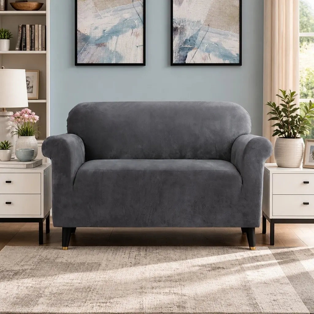 Sofa Cover 2 Seater Living Room Velvet Grey Stretchable Furniture Protection