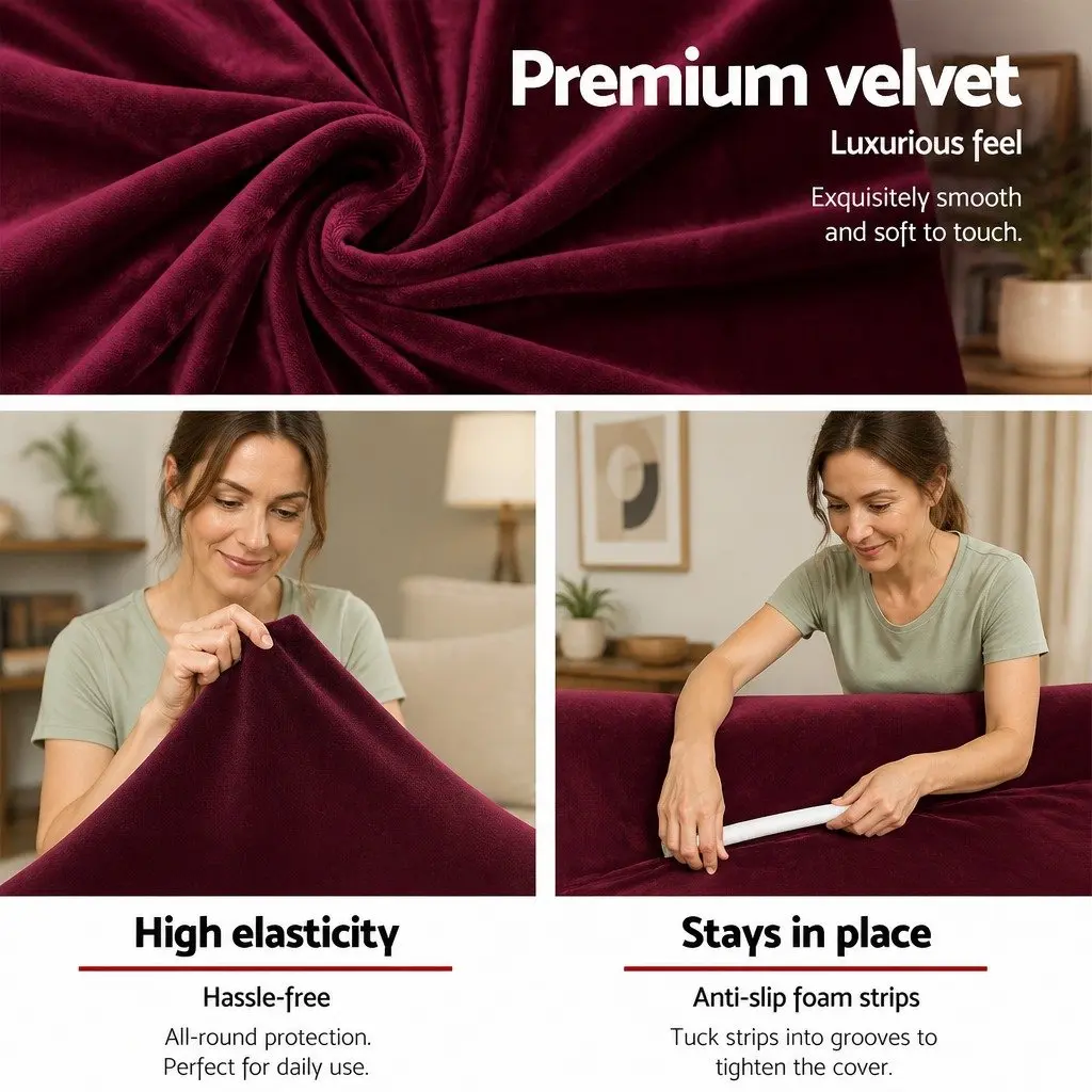 2 Seater Sofa Cover Velvet Couch Protector Ruby Red