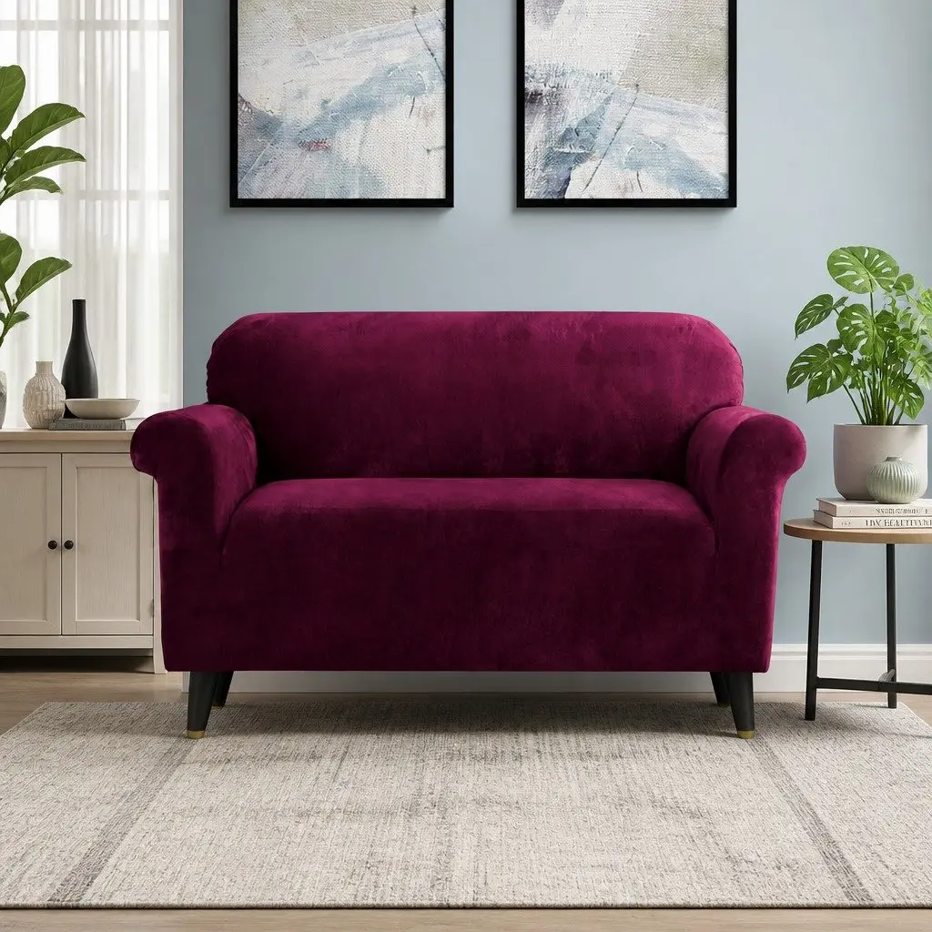 2 Seater Sofa Cover Velvet Couch Protector Ruby Red