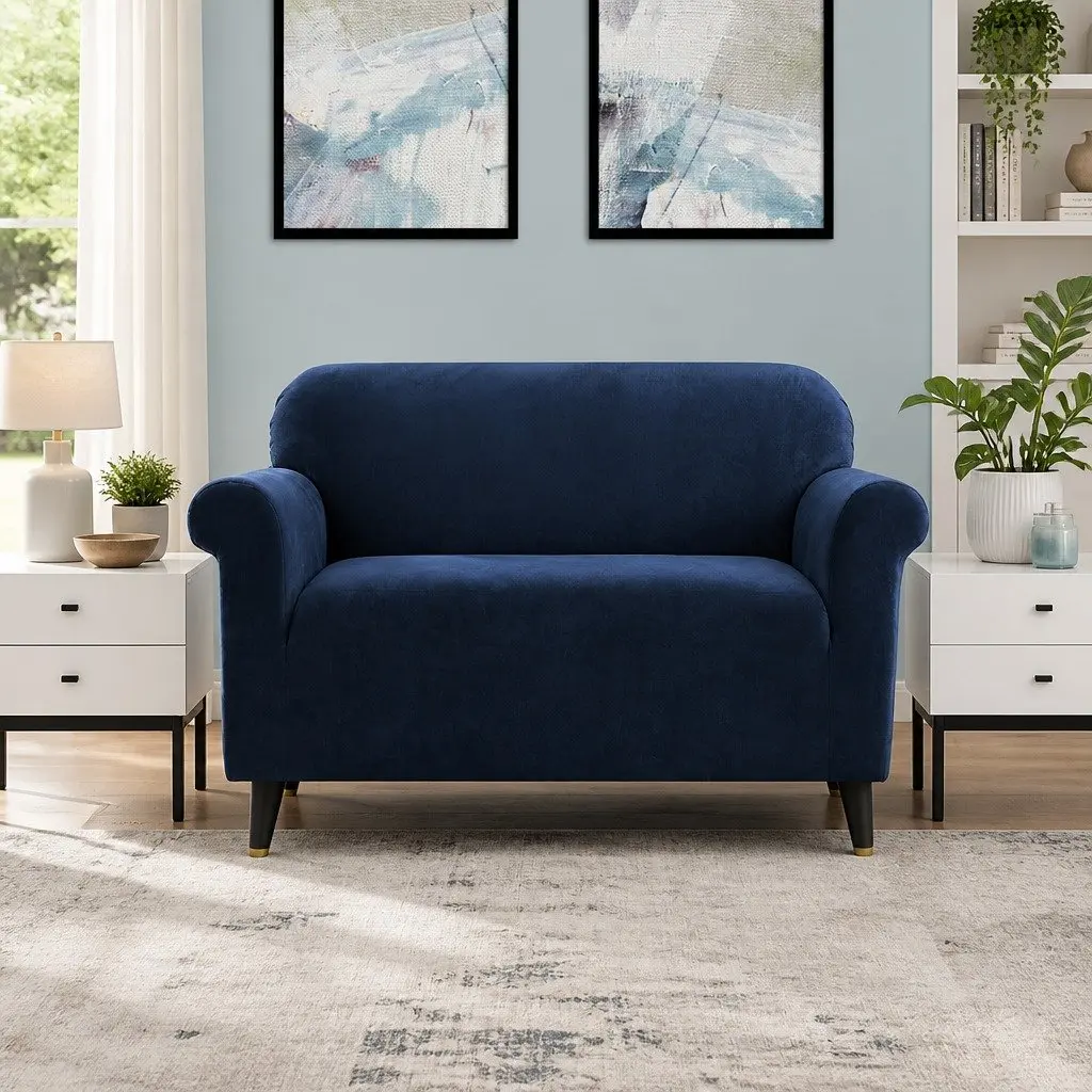 Sofa Cover for 2 Seater Couch Velvet Protector Stretch Furniture Safeguard Navy Blue