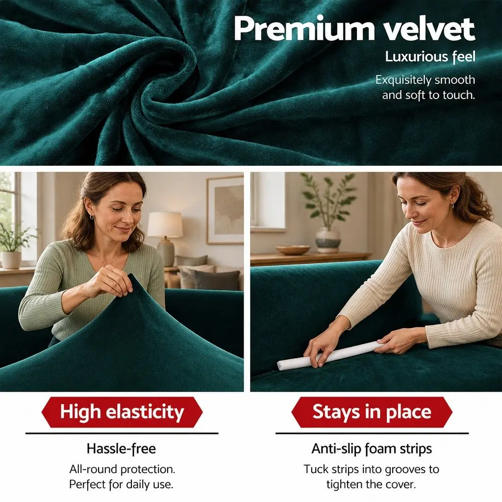 3 Seater Sofa Cover Use Living Room Size 183cm to 223cm Agate Green Velvet Couch Protector Stretch Armchair Slipcover