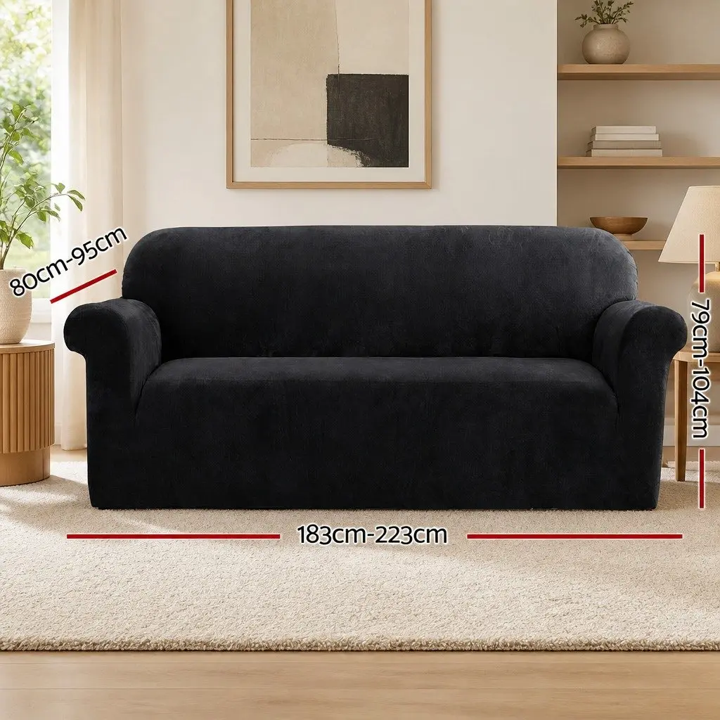3 Seater Sofa Cover Velvet Couch Protector Stretch Elastic Furniture Black