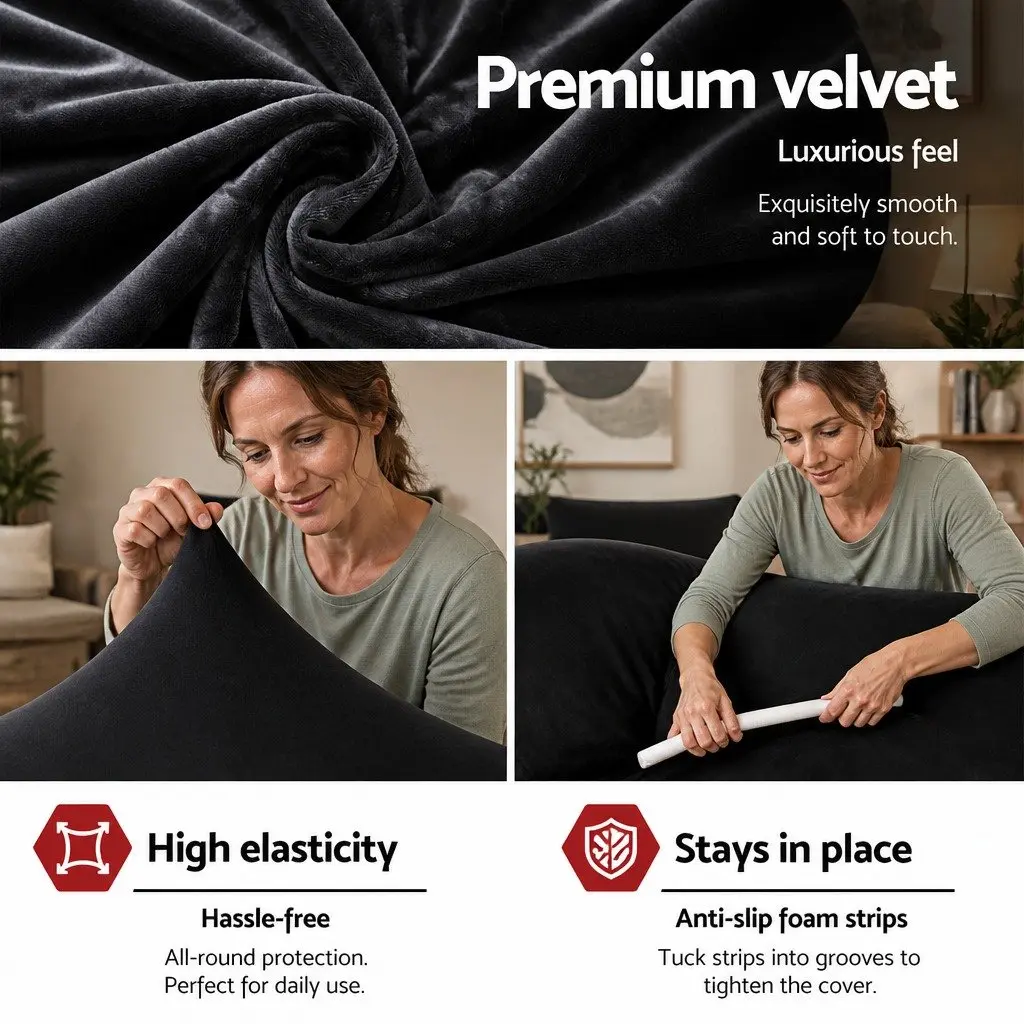 3 Seater Sofa Cover Velvet Couch Protector Stretch Elastic Furniture Black