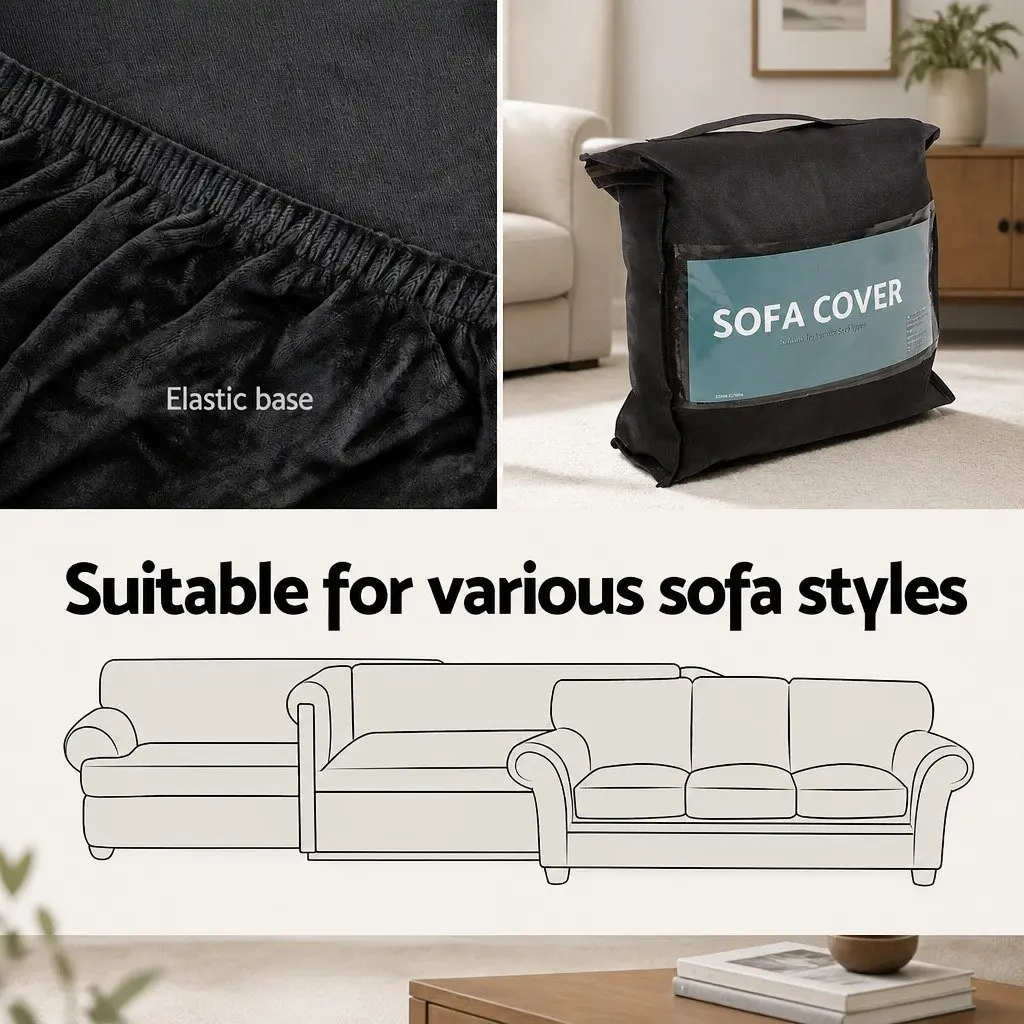 3 Seater Sofa Cover Velvet Couch Protector Stretch Elastic Furniture Black