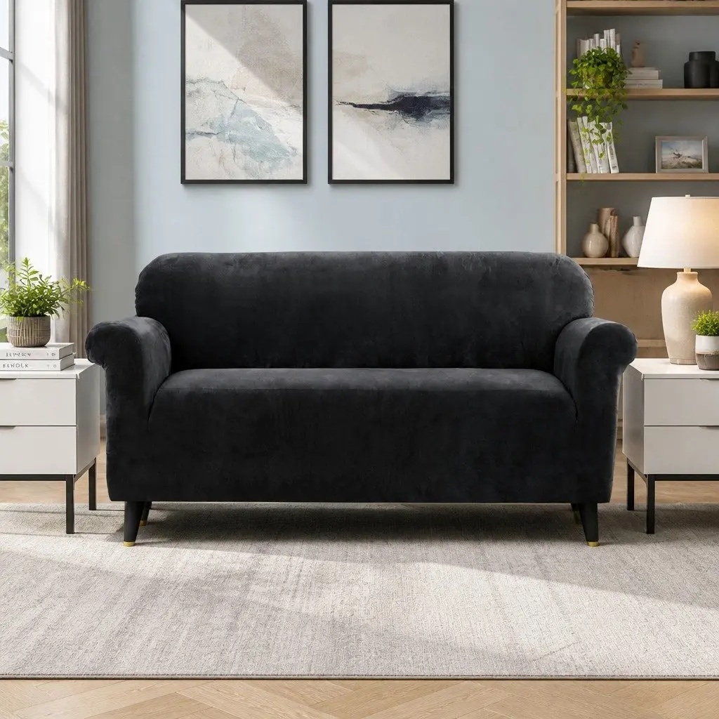 3 Seater Sofa Cover Velvet Couch Protector Stretch Elastic Furniture Black