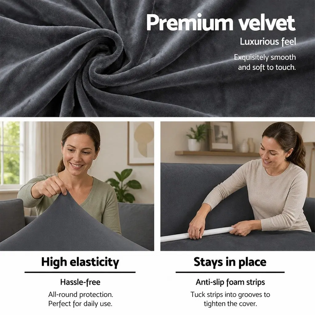 3 Seater Sofa Cover Velvet Couch Cover Stretch Furniture Protection Grey
