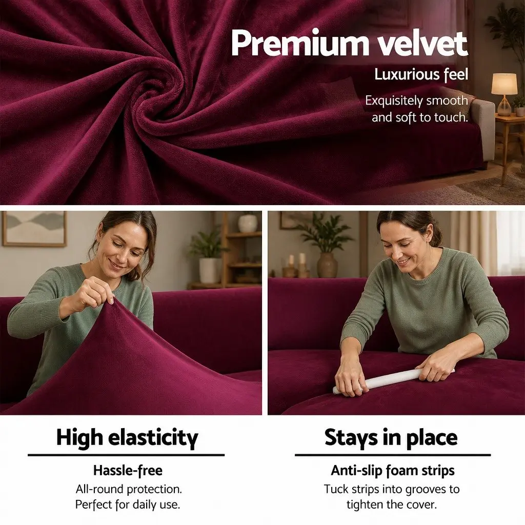 3 Seater Sofa Cover for Living Room Stretch Velvet Couch Protector Red