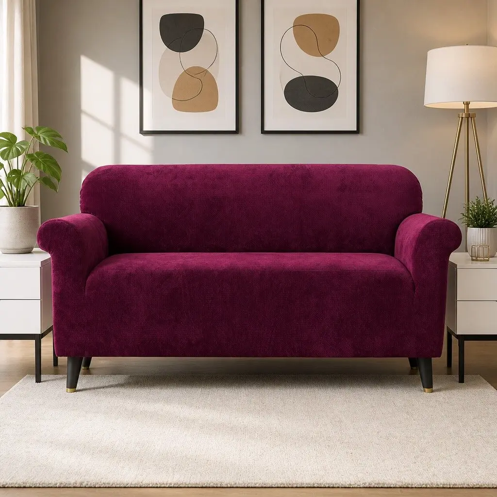 3 Seater Sofa Cover for Living Room Stretch Velvet Couch Protector Red
