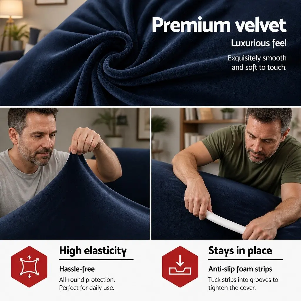 3 Seater Sofa Cover for Living Room Navy Blue Stretch Velvet Anti-Slip Washable