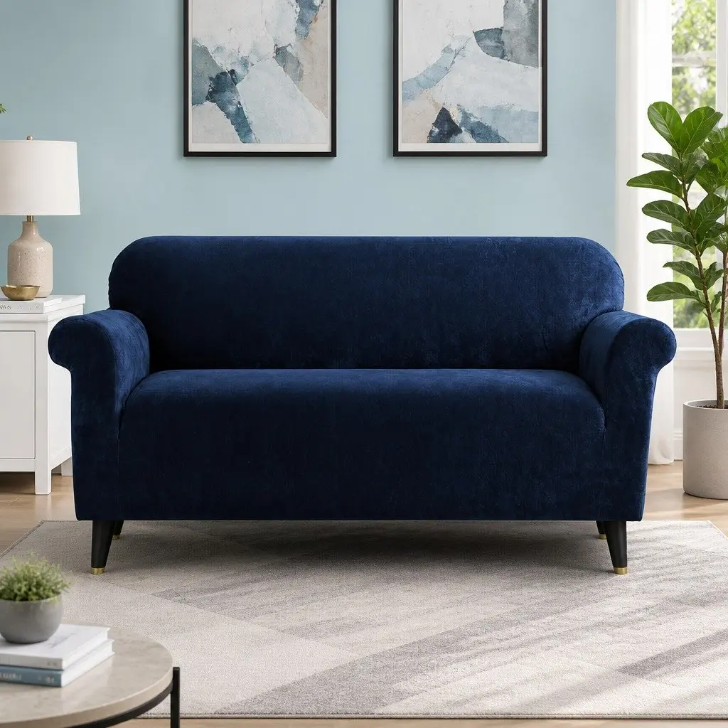 3 Seater Sofa Cover for Living Room Navy Blue Stretch Velvet Anti-Slip Washable