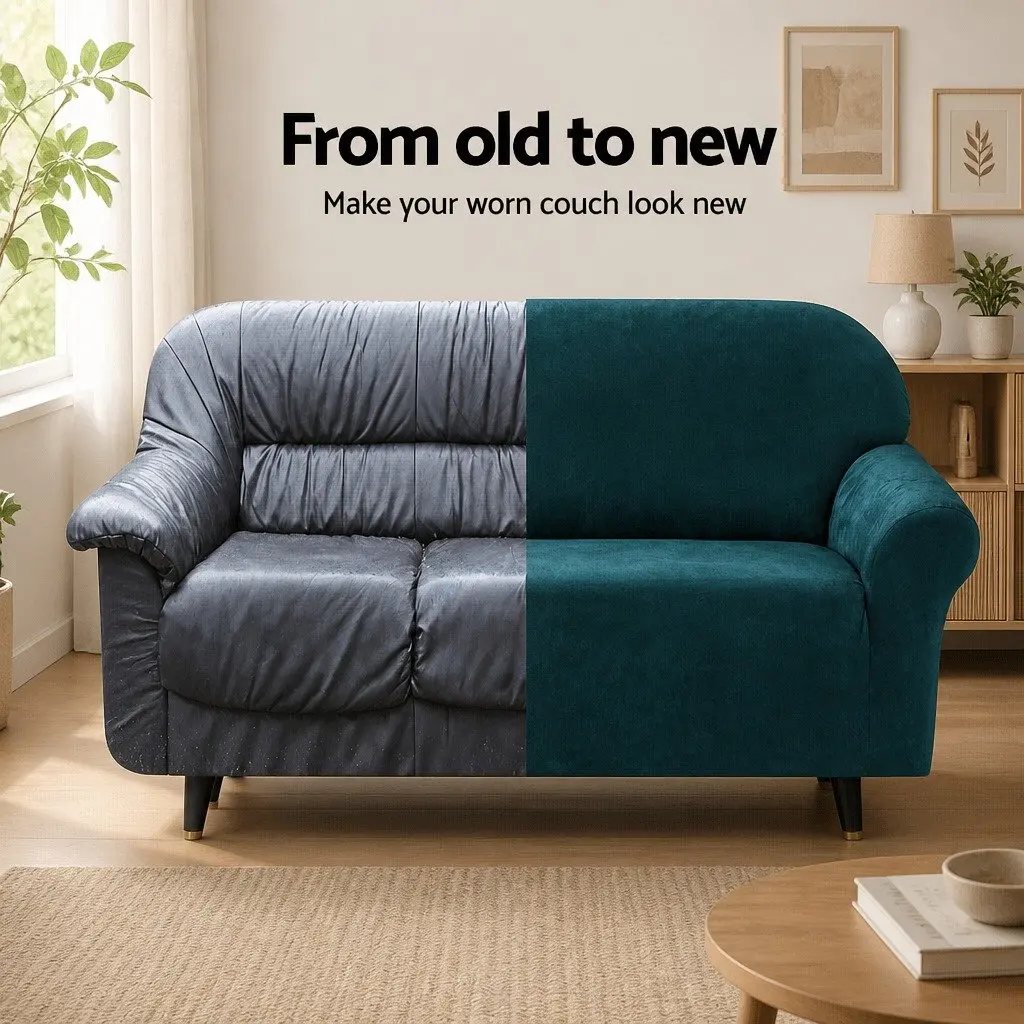 4 Seater Sofa Cover for Living Room Velvet Stretch Couch Protector Agate Green