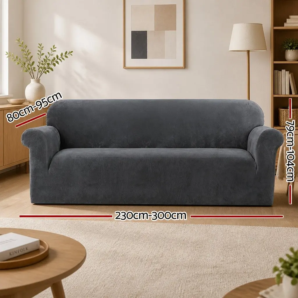 Grey Velvet Stretchable Anti-Slip Sofa Cover for 4 Seater Couch