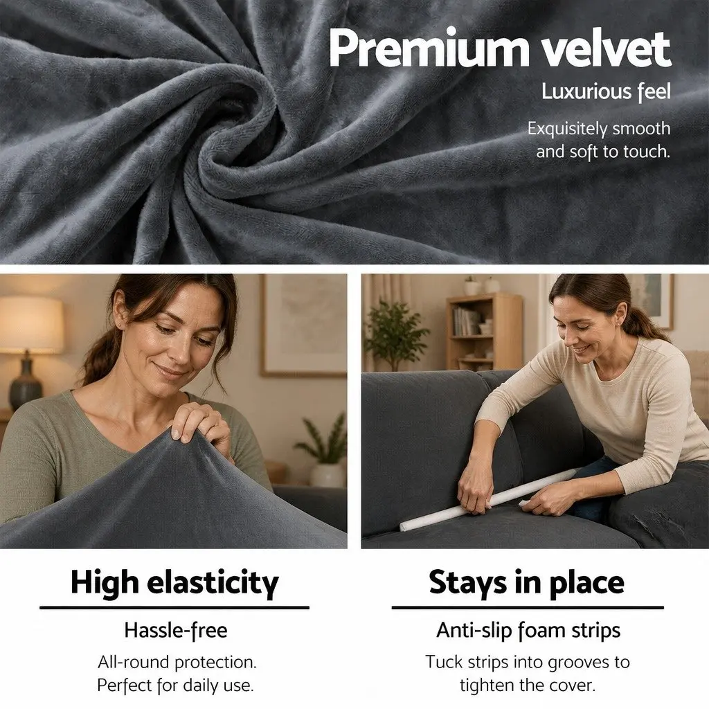 Grey Velvet Stretchable Anti-Slip Sofa Cover for 4 Seater Couch