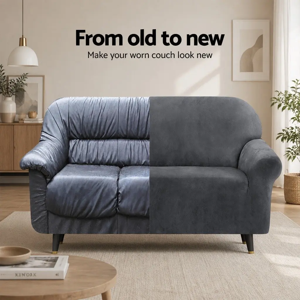 Grey Velvet Stretchable Anti-Slip Sofa Cover for 4 Seater Couch