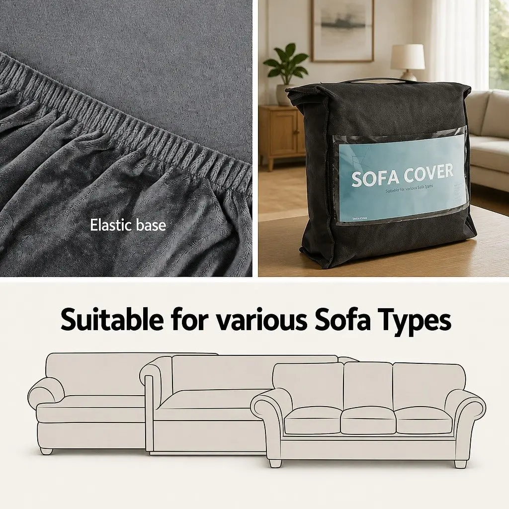 Grey Velvet Stretchable Anti-Slip Sofa Cover for 4 Seater Couch