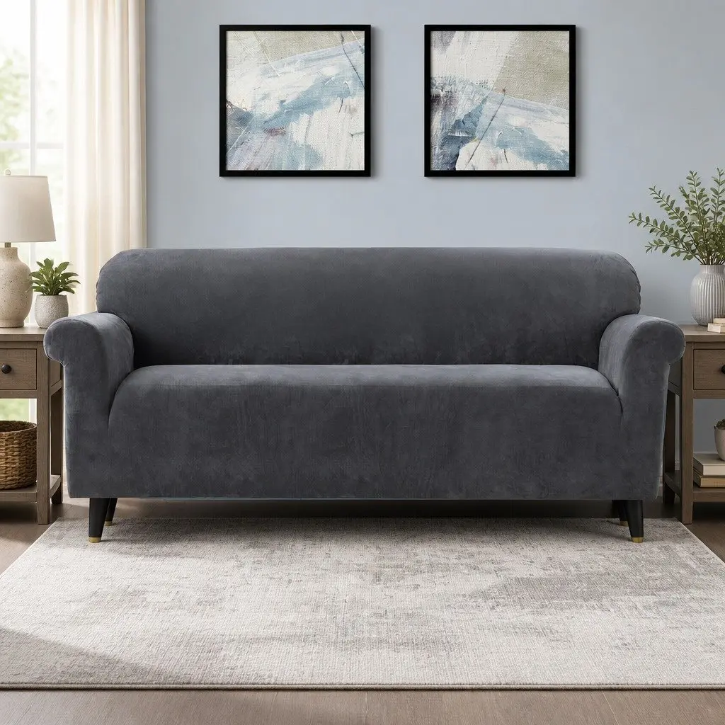 Grey Velvet Stretchable Anti-Slip Sofa Cover for 4 Seater Couch