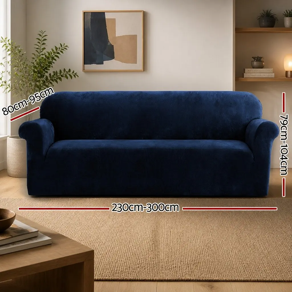 4 Seater Sofa Cover for Living Room Velvet Navy Blue Stretchable Anti-Slip
